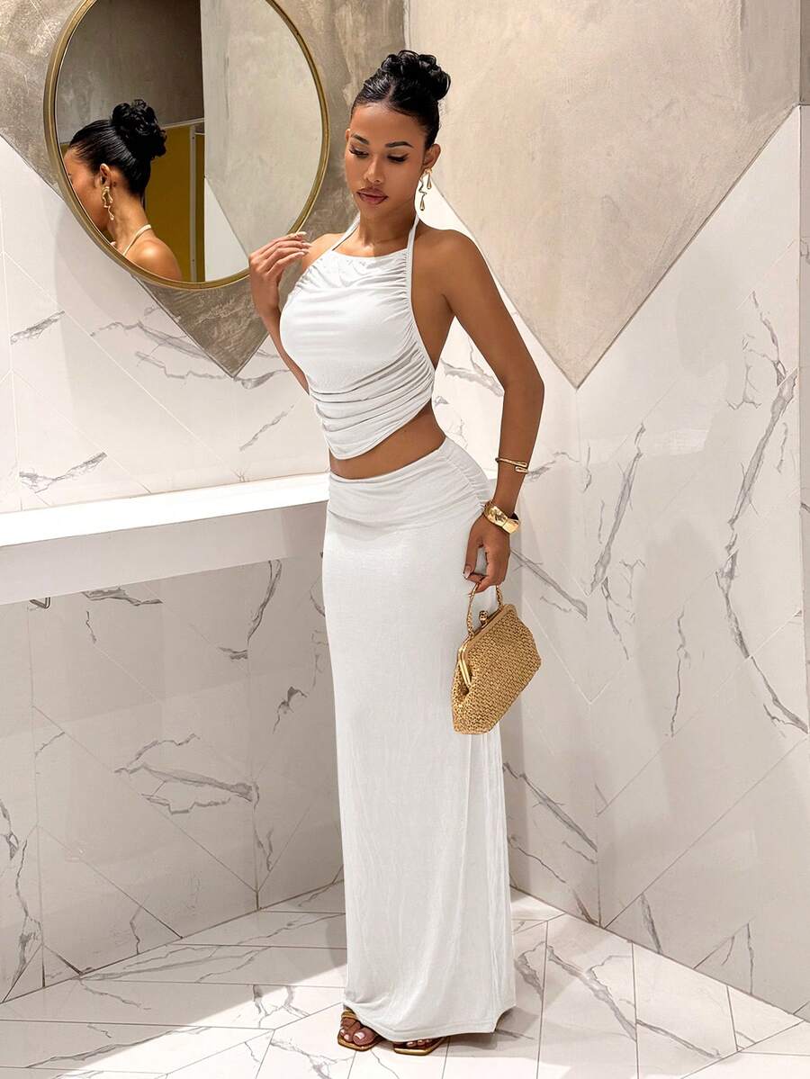 Ženski Set  - Halter Dekolte Ruffles Top & Maxi Suknja