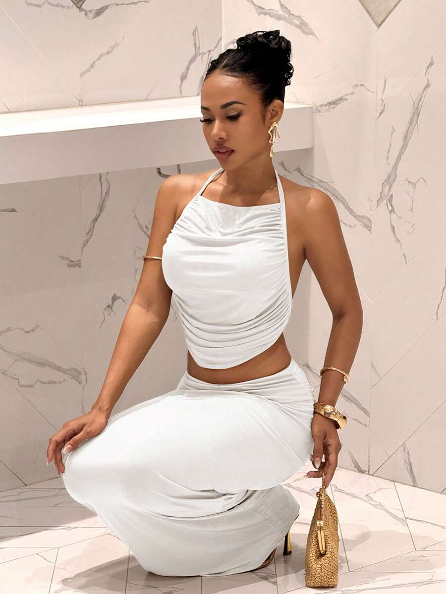 Ženski Set  - Halter Dekolte Ruffles Top & Maxi Suknja