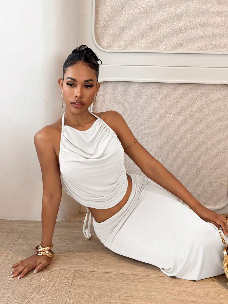 Ženski Set  - Halter Dekolte Ruffles Top & Maxi Suknja