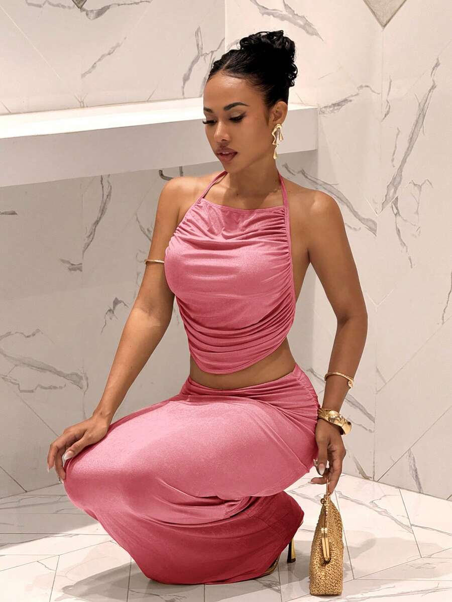 Ženski Set  - Halter Dekolte Ruffles Top & Maxi Suknja