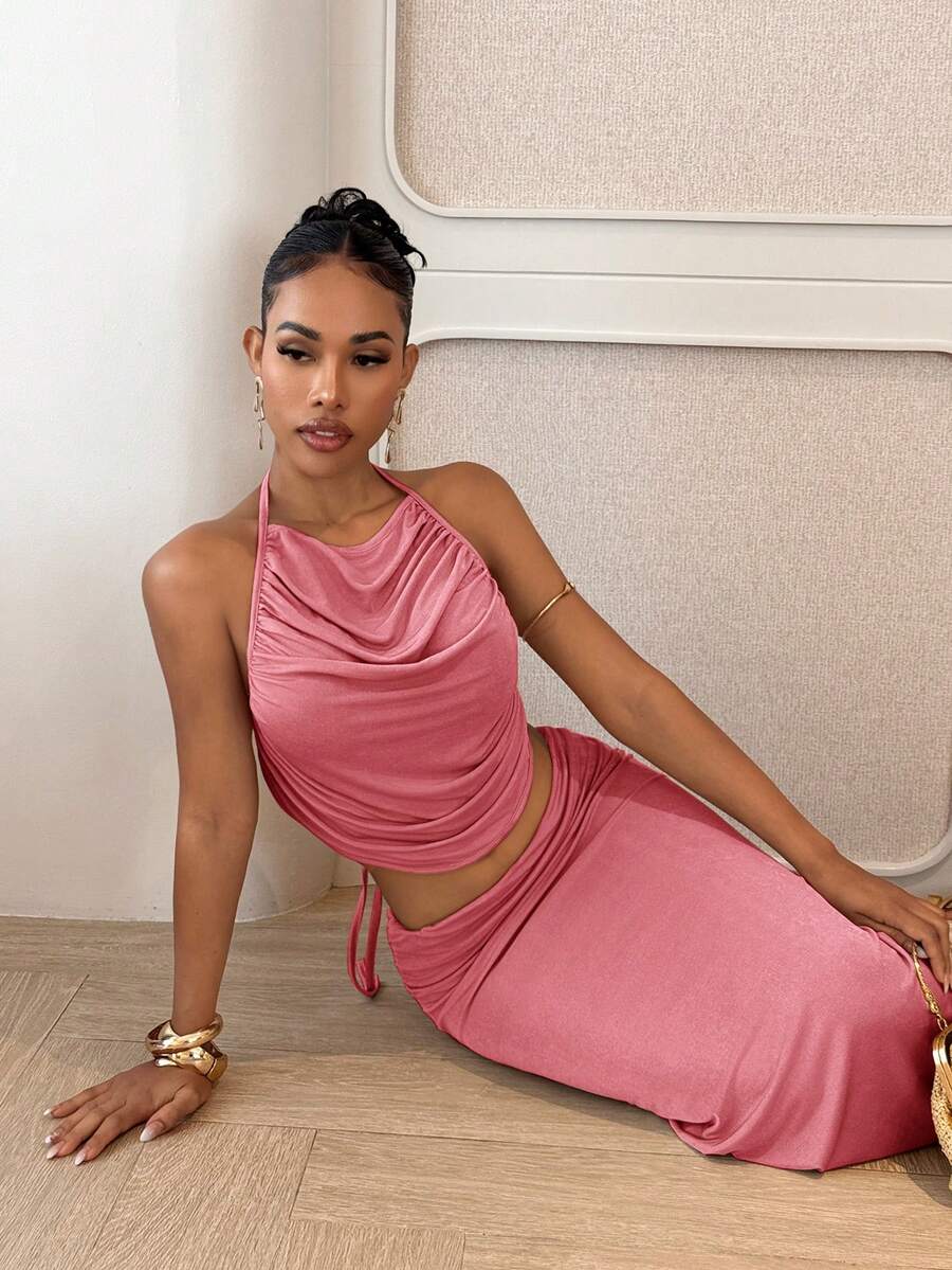 Ženski Set  - Halter Dekolte Ruffles Top & Maxi Suknja