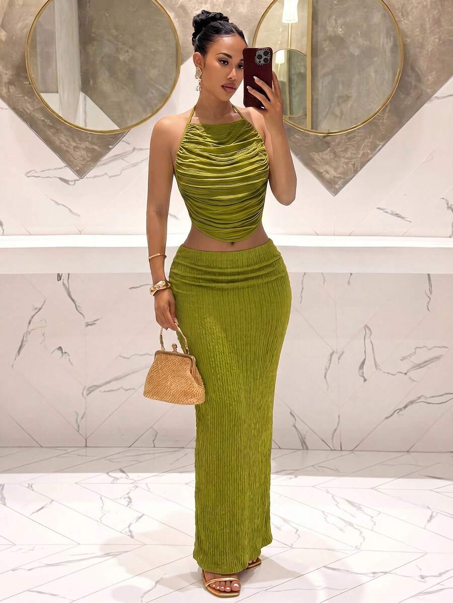 Ženski Set  - Halter Dekolte Ruffles Top & Maxi Suknja