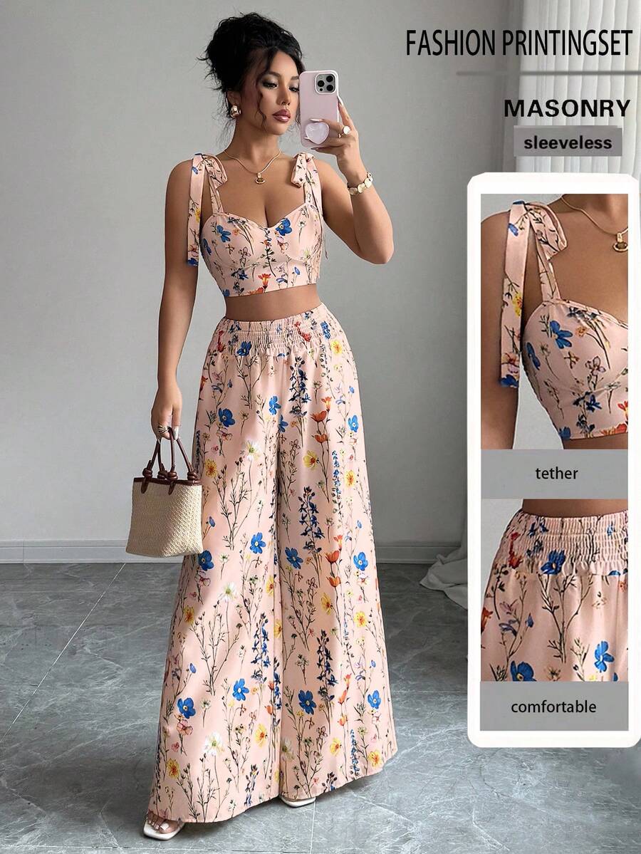 Komplet top bez leđa  + široke pantalone sa vezicom u struku