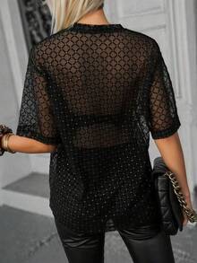 New Arrival Sheer Checkered Glitter Mesh Round Neck Loose Elegant Casual Women T-Shirt