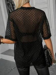 New Arrival Sheer Checkered Glitter Mesh Round Neck Loose Elegant Casual Women T-Shirt