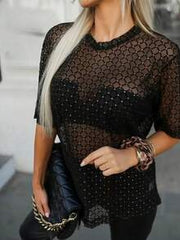 New Arrival Sheer Checkered Glitter Mesh Round Neck Loose Elegant Casual Women T-Shirt