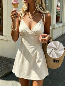 Franclia Beige,Summer,Elegant,Holiday,Vacation,Holiday Women Cotton Linen Spaghetti Strap Deep V-Neck Mini Dress,Solid Color Tie-Waist Slim Fit A-Line Outfit