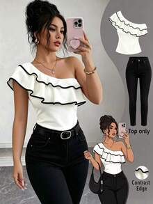 Elenzga Women's Elegant Casual One-Shoulder Shirt, Ruffle Color Block Trim, Stylish Design, Daily Outdoor Wear & Easy To Match