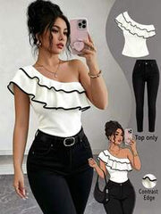 Elenzga Women's Elegant Casual One-Shoulder Shirt, Ruffle Color Block Trim, Stylish Design, Daily Outdoor Wear & Easy To Match