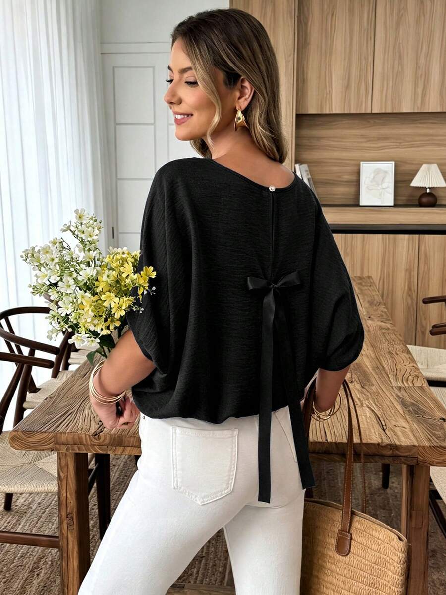 Elouméa Standard Size Women's Spring/Summer Casual Loose Shirt With Bowknot Back