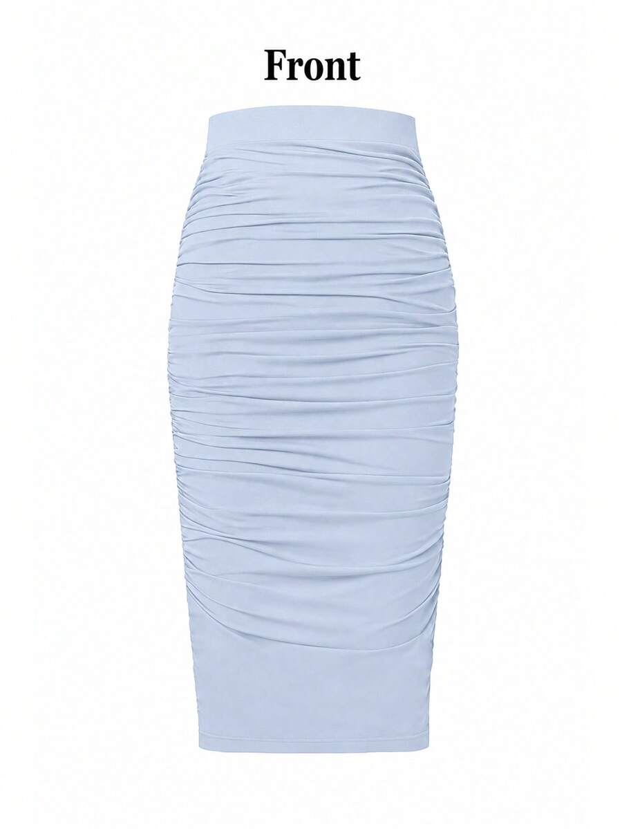 Ženska uska bodycon suknja jednobojna sa nabranim detaljima, seksi