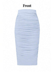 Ženska uska bodycon suknja jednobojna sa nabranim detaljima, seksi