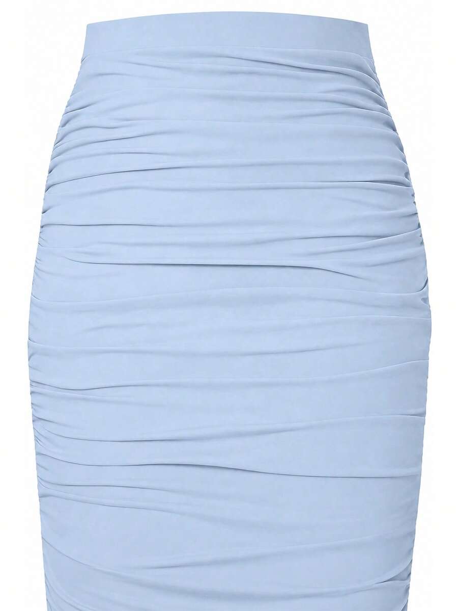 Ženska uska bodycon suknja jednobojna sa nabranim detaljima, seksi