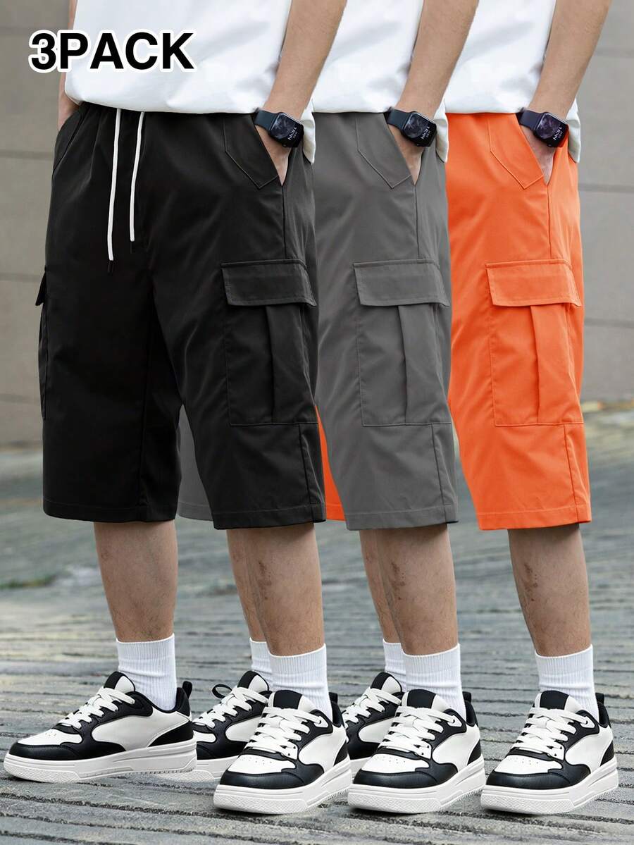 3 kom/set muške ležerne cargo pantalone jednobojne sa pertlom u struku