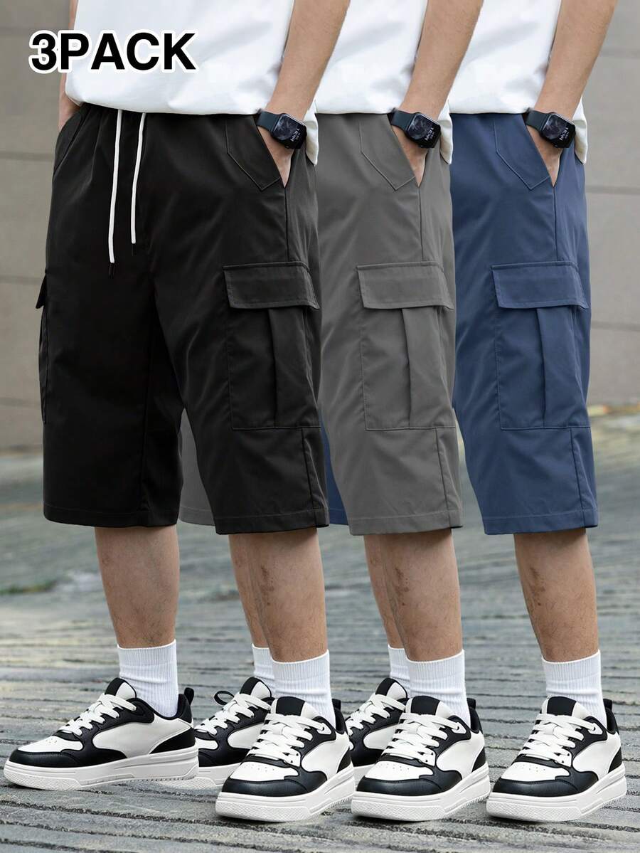 3 kom/set muške ležerne cargo pantalone jednobojne sa pertlom u struku