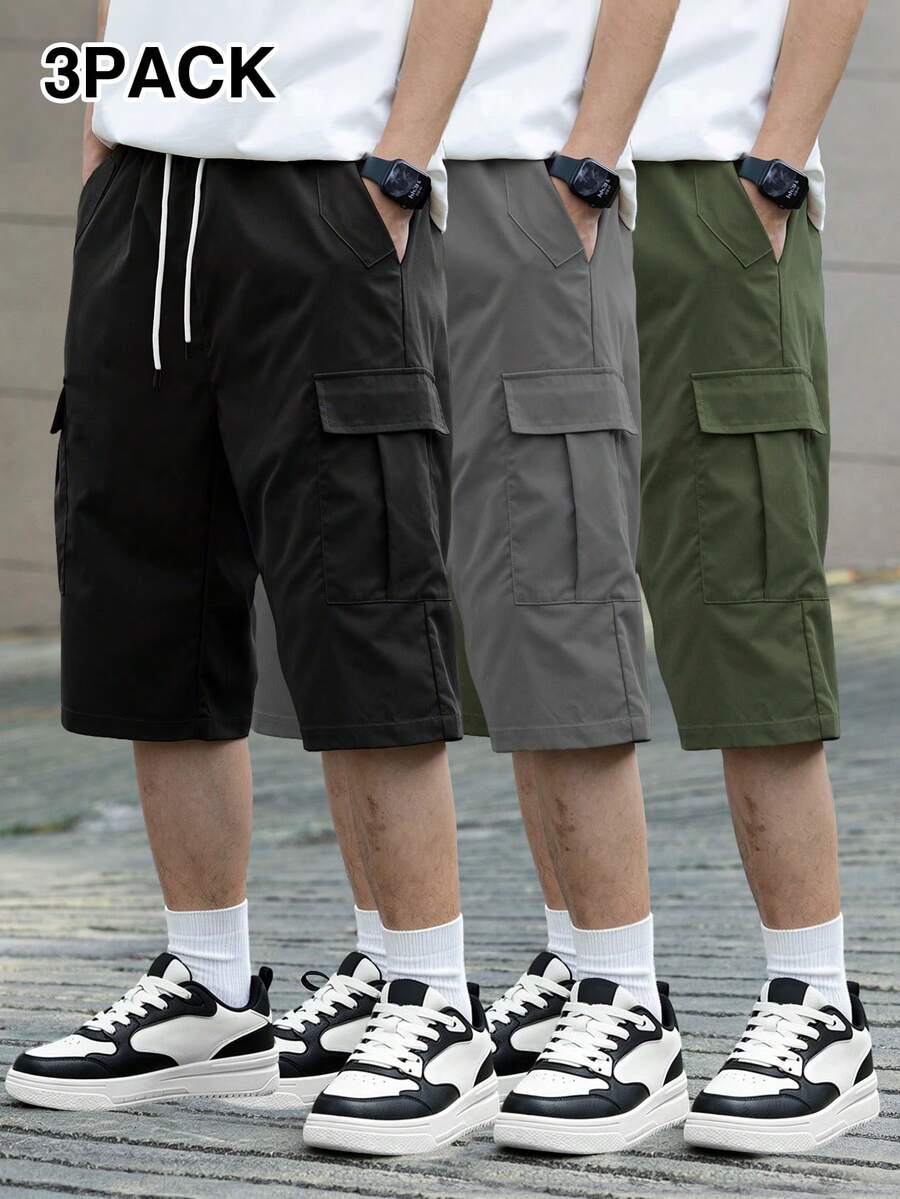 3 kom/set muške ležerne cargo pantalone jednobojne sa pertlom u struku