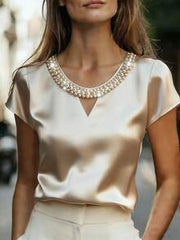 EMERY ROSE Elegant Women's Apricot Satin V-Neck Short-Sleeved Blouse With Pearl Detailing,Summer White Gold Shimmering Top For Tea Party,Casual Business Office