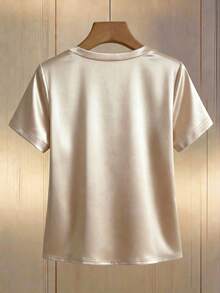 EMERY ROSE Elegant Women's Apricot Satin V-Neck Short-Sleeved Blouse With Pearl Detailing,Summer White Gold Shimmering Top For Tea Party,Casual Business Office