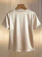 EMERY ROSE Elegant Women's Apricot Satin V-Neck Short-Sleeved Blouse With Pearl Detailing,Summer White Gold Shimmering Top For Tea Party,Casual Business Office