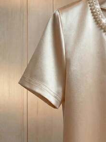 EMERY ROSE Elegant Women's Apricot Satin V-Neck Short-Sleeved Blouse With Pearl Detailing,Summer White Gold Shimmering Top For Tea Party,Casual Business Office