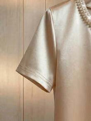 EMERY ROSE Elegant Women's Apricot Satin V-Neck Short-Sleeved Blouse With Pearl Detailing,Summer White Gold Shimmering Top For Tea Party,Casual Business Office
