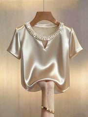 EMERY ROSE Elegant Women's Apricot Satin V-Neck Short-Sleeved Blouse With Pearl Detailing,Summer White Gold Shimmering Top For Tea Party,Casual Business Office