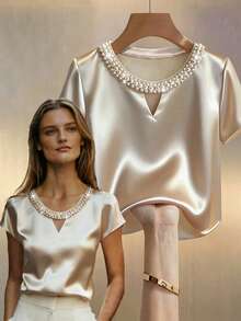 EMERY ROSE Elegant Women's Apricot Satin V-Neck Short-Sleeved Blouse With Pearl Detailing,Summer White Gold Shimmering Top For Tea Party,Casual Business Office