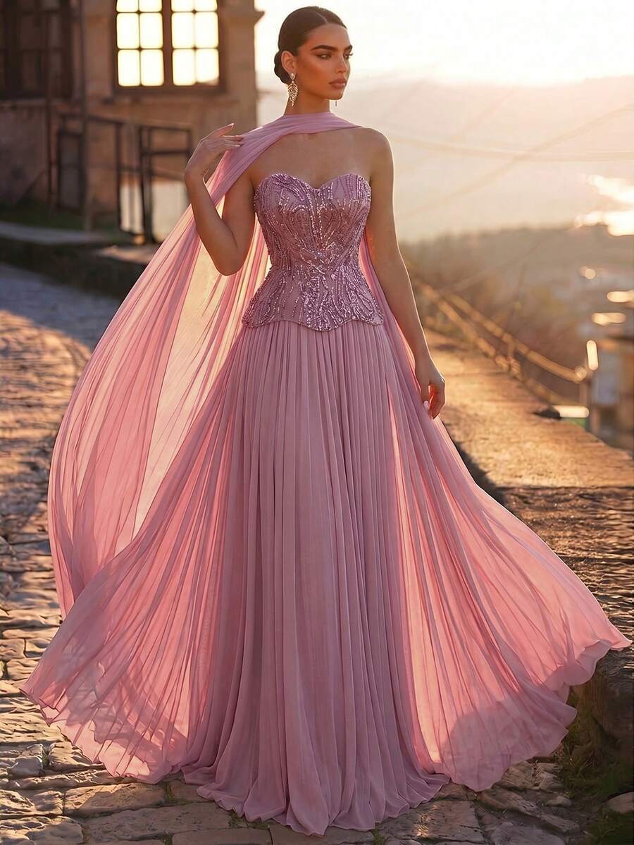 Elegantna luksuzna večernja haljina od satena, sa perlicama