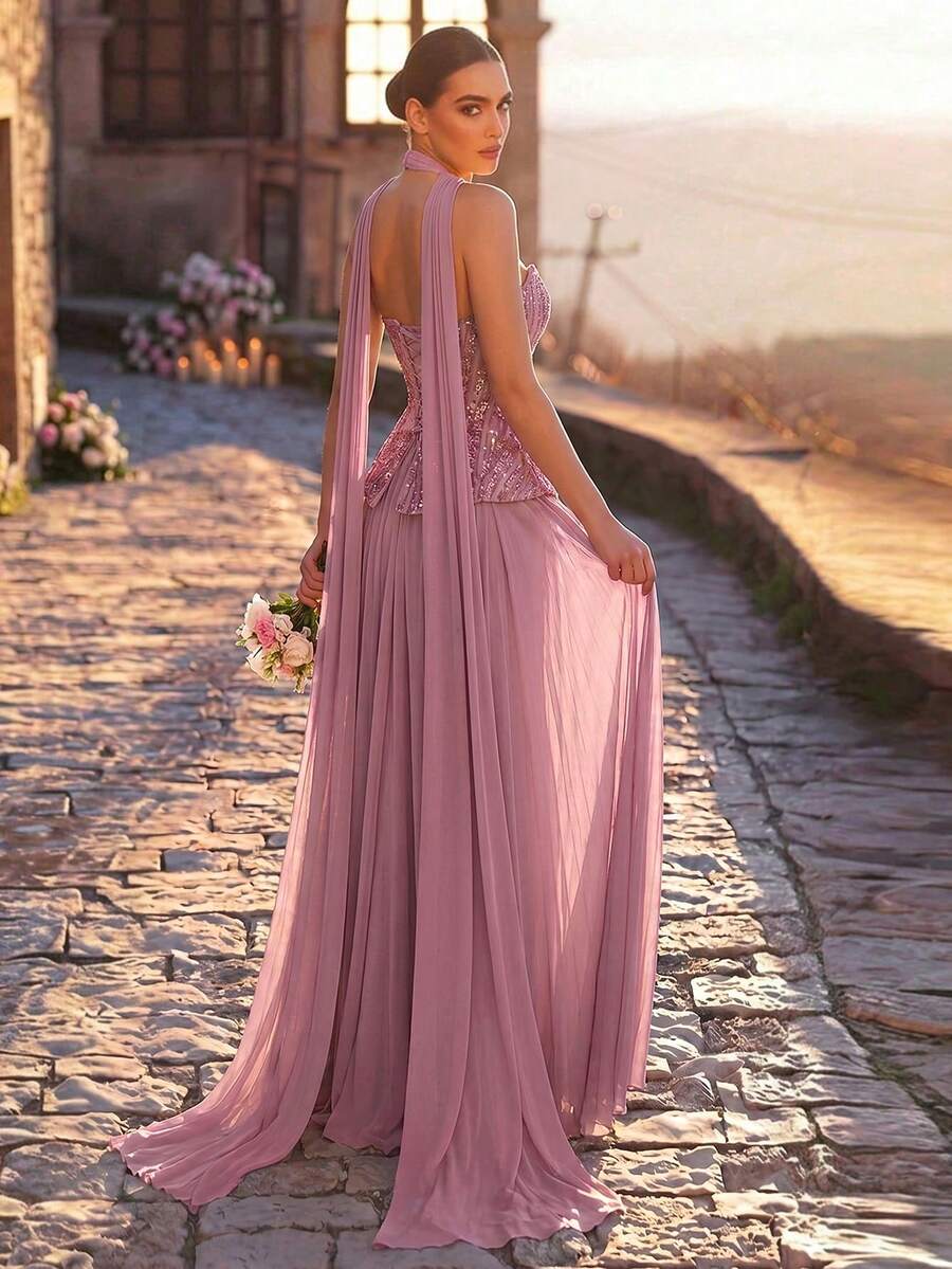 Elegantna luksuzna večernja haljina od satena, sa perlicama