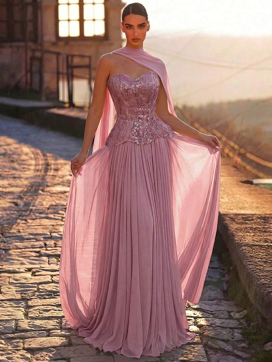 Elegantna luksuzna večernja haljina od satena, sa perlicama