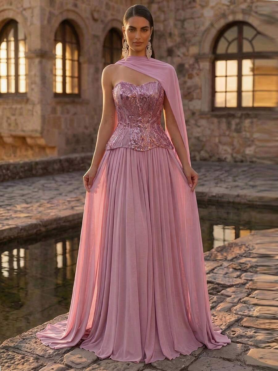 Elegantna luksuzna večernja haljina od satena, sa perlicama