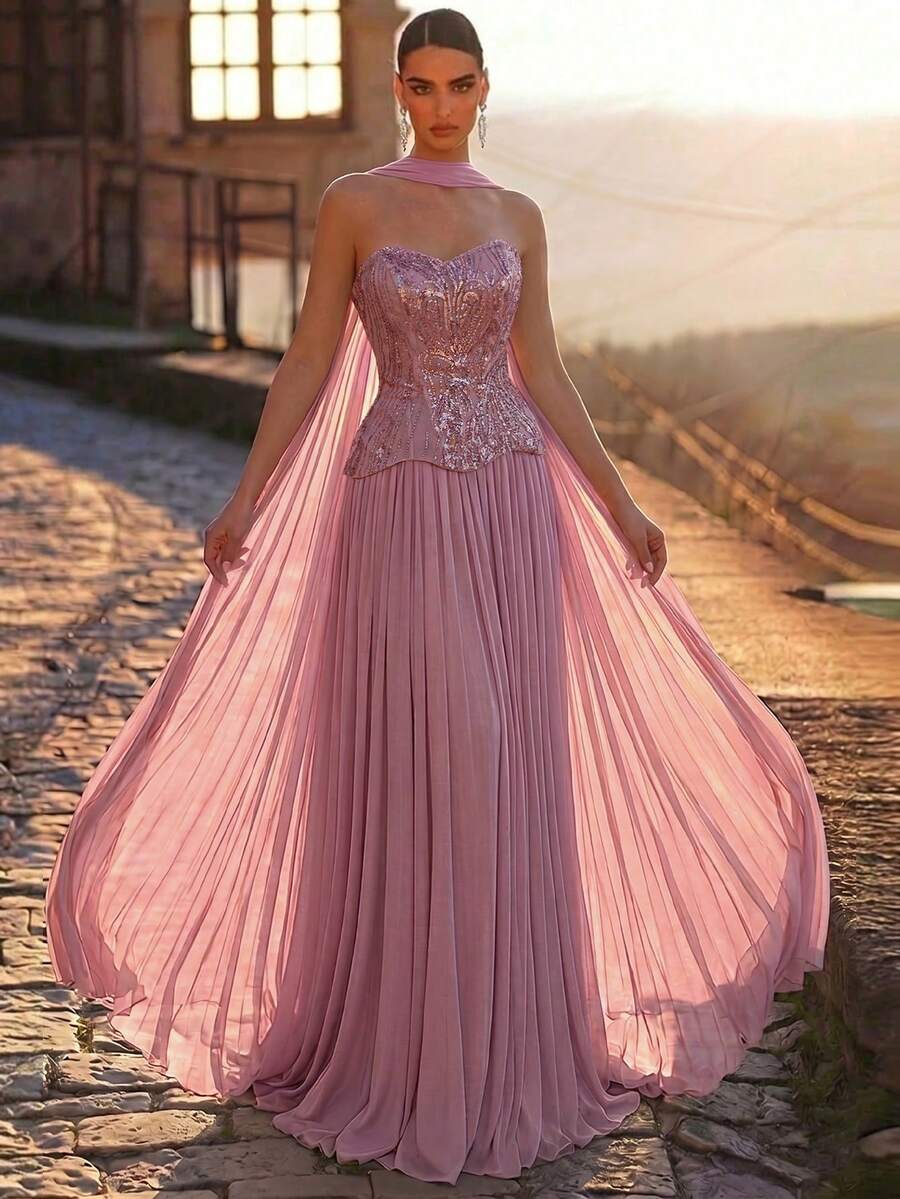 Elegantna luksuzna večernja haljina od satena, sa perlicama