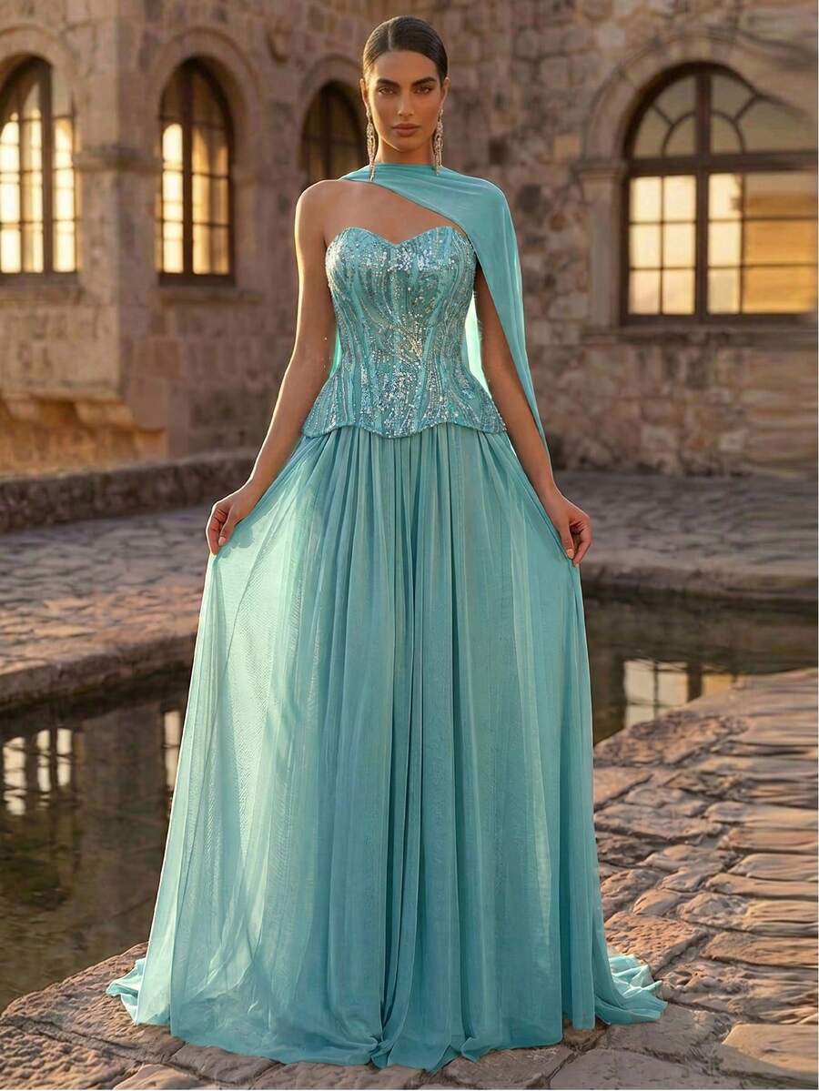 Elegantna luksuzna večernja haljina od satena, sa perlicama