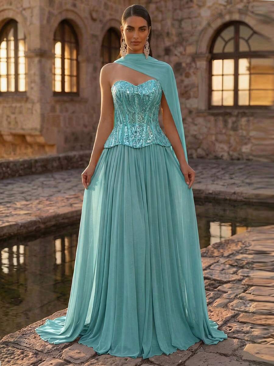 Elegantna luksuzna večernja haljina od satena, sa perlicama