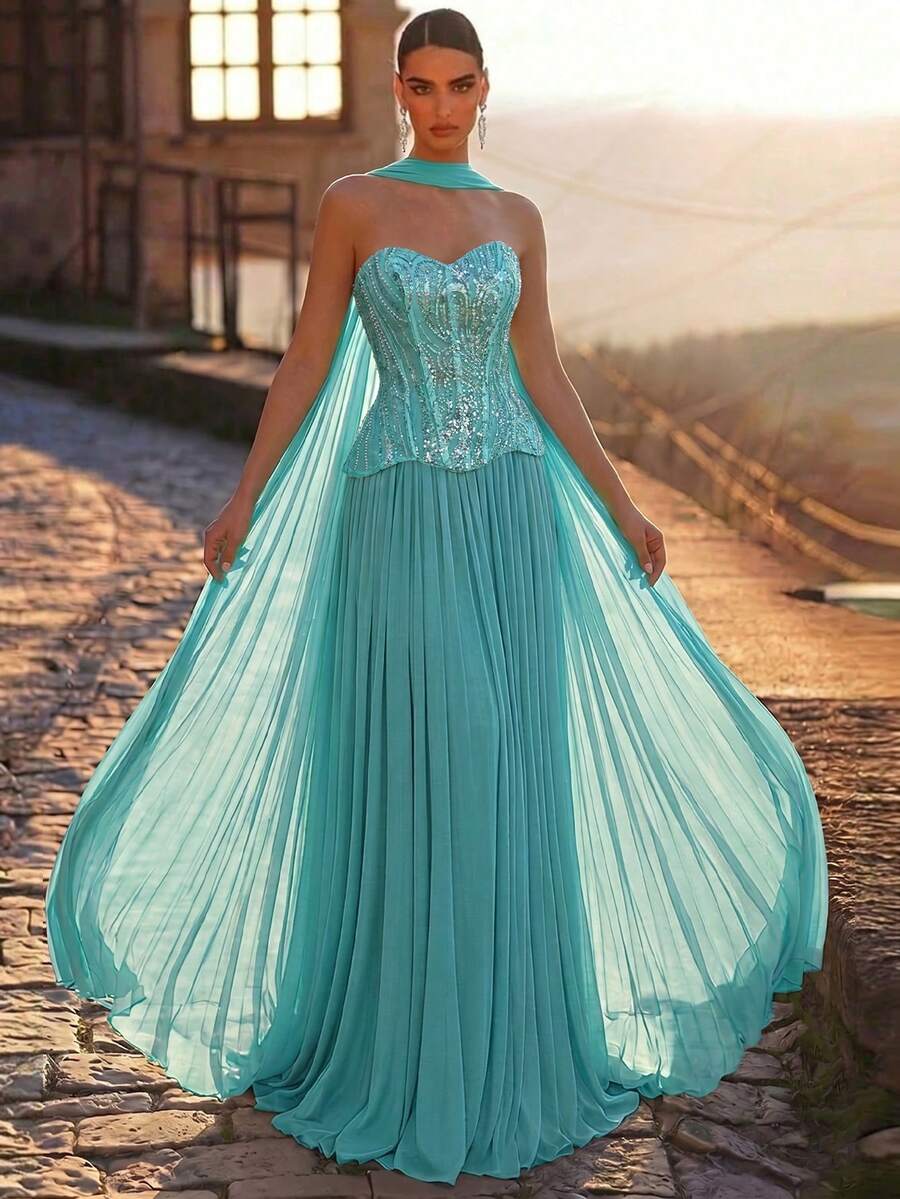 Elegantna luksuzna večernja haljina od satena, sa perlicama