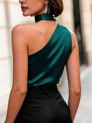 SHEIN Women's Dark Green Elegant Satin Camisole,Pearl Collar Decor,Ruched Shoulder,Summer Dinner Date,Minimalist Retro Office Daily Christmas & New Year