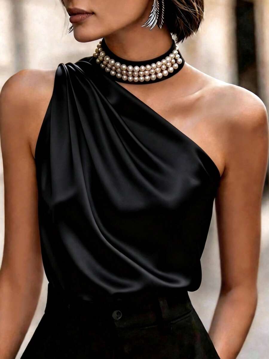 SHEIN Women's Elegant Black Summer Elegent Party Night Burgundy Satin Camisole,Pearl Collar Decor,Ruched Shoulder,Versatile For Commute,Office,Christmas