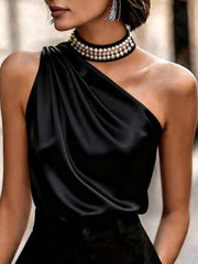SHEIN Women's Elegant Black Summer Elegent Party Night Burgundy Satin Camisole,Pearl Collar Decor,Ruched Shoulder,Versatile For Commute,Office,Christmas