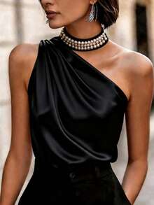 SHEIN Women's Elegant Black Summer Elegent Party Night Burgundy Satin Camisole,Pearl Collar Decor,Ruched Shoulder,Versatile For Commute,Office,Christmas