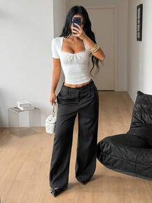 Coolane Women's Summer Pure And Sexy Going Out Casual Vacation Bow Contrast Lace White Square Neck T-Shirt