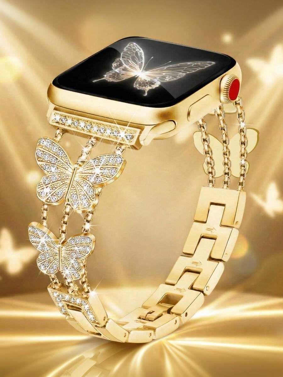 Luksuzna ženska narukvica za sat sa kristalima i leptir motivom, kompatibilna sa Apple Watch 38mm 40mm 41mm 42mm 44mm 45mm 46mm 49mm