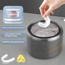 1pc 50Hz Ultrasonic Dental Cleaner, 200ml Denture Cleaning Solution, 3 Modes With Digital Timer, Suitable For Braces, Retainers, Orthodontic Appliances, Toothbrushes, Jewelry Cleaning