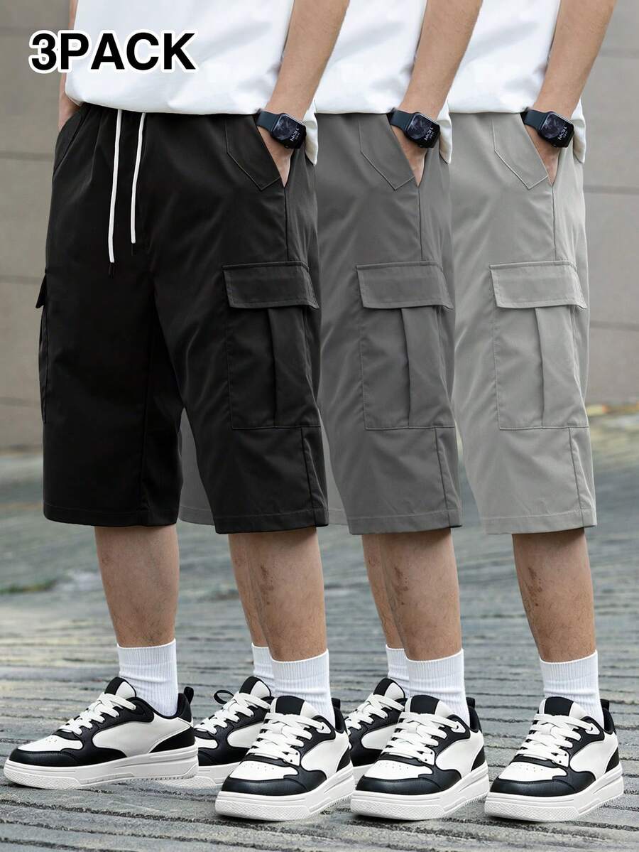 3 kom/set muške ležerne cargo pantalone jednobojne sa pertlom u struku