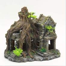 Resin Ancient Castle Ruins Aquarium Ornament, Fish Tank Hideout With Tree Roots & Plants, Decorative Shelter For Betta Fish, Shrimp & Reptiles