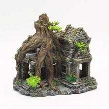 Resin Ancient Castle Ruins Aquarium Ornament, Fish Tank Hideout With Tree Roots & Plants, Decorative Shelter For Betta Fish, Shrimp & Reptiles