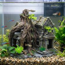 Resin Ancient Castle Ruins Aquarium Ornament, Fish Tank Hideout With Tree Roots & Plants, Decorative Shelter For Betta Fish, Shrimp & Reptiles