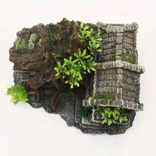 Resin Ancient Castle Ruins Aquarium Ornament, Fish Tank Hideout With Tree Roots & Plants, Decorative Shelter For Betta Fish, Shrimp & Reptiles