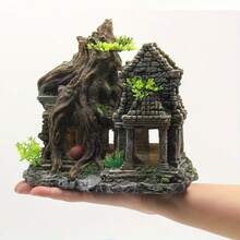 Resin Ancient Castle Ruins Aquarium Ornament, Fish Tank Hideout With Tree Roots & Plants, Decorative Shelter For Betta Fish, Shrimp & Reptiles