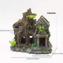 Resin Ancient Castle Ruins Aquarium Ornament, Fish Tank Hideout With Tree Roots & Plants, Decorative Shelter For Betta Fish, Shrimp & Reptiles