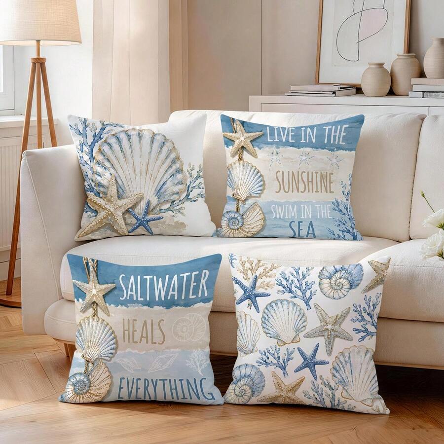 4 komada dekorativnih navlaka za jastuke sa printom plavog okeana i plaže, 45*45cm